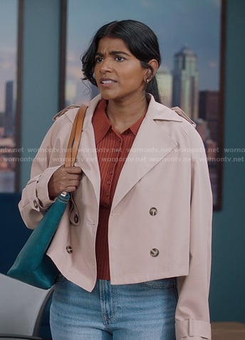 Kavita's orange ribbed polo and pink jacket on Greys Anatomy
