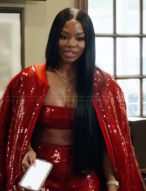 Keiarna's red sequin bomber jacket on The Real Housewives of Potomac