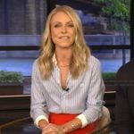 Kelly’s blue striped shirt and skirt on Live with Kelly and Mark