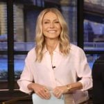 Kelly’s pink blouse and metallic skirt on Live with Kelly and Mark