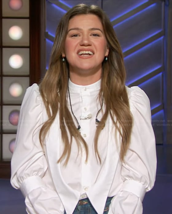 Kelly white bib blouse on The Kelly Clarkson Show