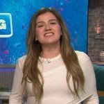 Kelly’s white drape top and pants on The Kelly Clarkson Show