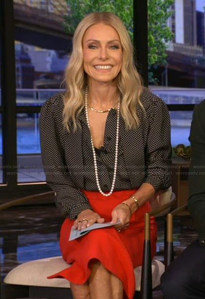 Kelly’s black polka dot print blouse on Live with Kelly and Mark