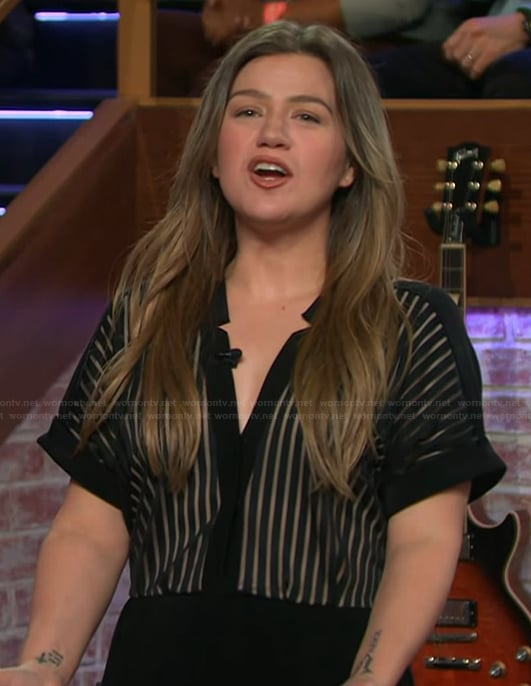 Kelly's black shadow stripe jumpsuit on The Kelly Clarkson Show