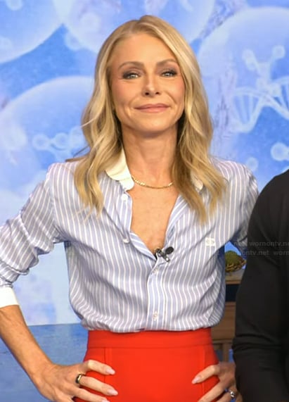 Kelly’s blue striped shirt and skirt on Live with Kelly and Mark
