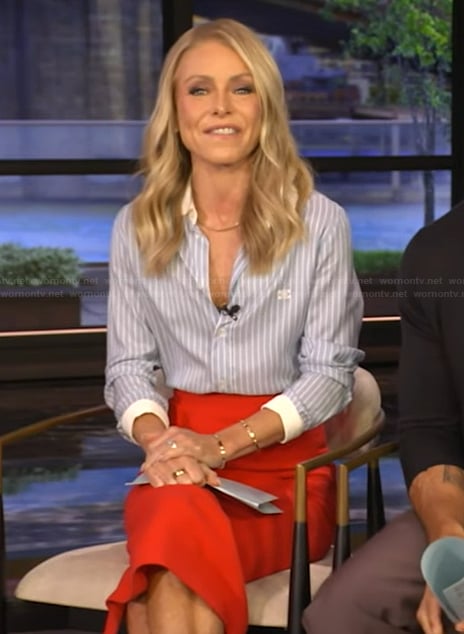 Kelly's blue striped shirt and skirt on Live with Kelly and Mark
