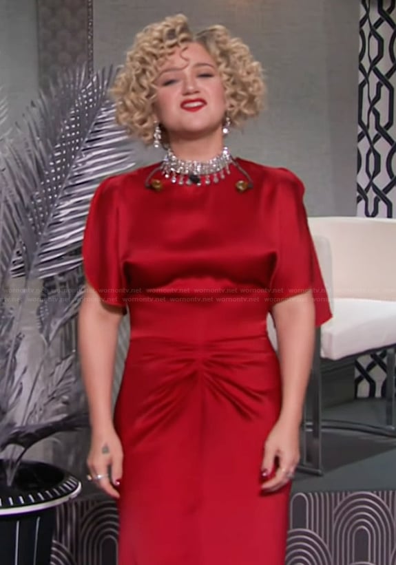 Kelly's red gathered dress on The Kelly Clarkson Show