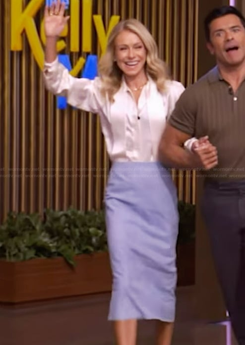 Kelly’s satin tie neck blouse and blue skirt on Live with Kelly and Mark