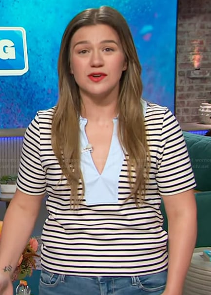 Kelly's striped v-neck top on The Kelly Clarkson Show