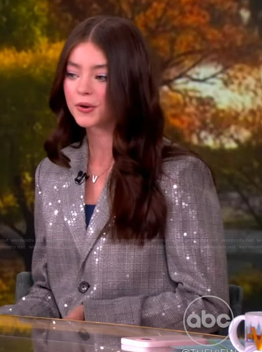 Kenzi Richardson’s gray sequin embellished blazer and skirt on The View