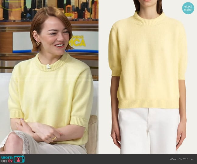 Khaite Davin Short-Sleeve Cashmere Sweater in Zest worn by Emma Stone on Good Morning America