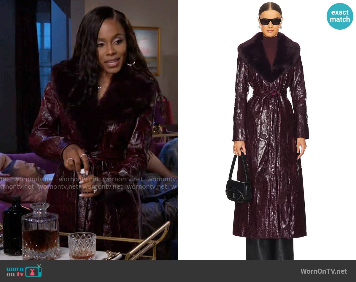 Kim Shui Bordeaux Faux Fur Collar Coat worn by Dani Dupree (Karla Mosley) on Beyond the Gates
