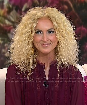 Kimberly Schlapman's burgundy lace trim blouse and mini skirt on Today