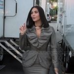 Kim’s gray pinstripe two-piece set on The Kardashians
