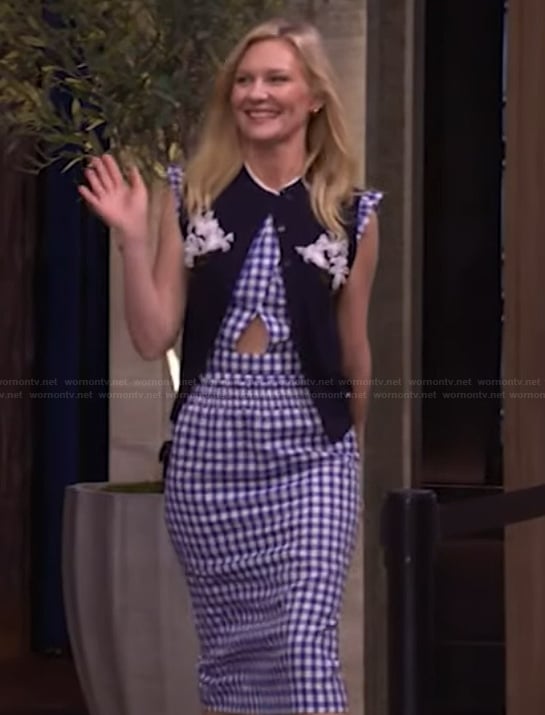 Kirsten Dunst’s blue gingham check top and skirt on Live with Kelly and Mark