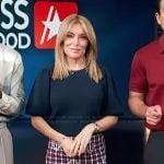 Kit’s navy puff sleeve top and mini skirt on Access Hollywood