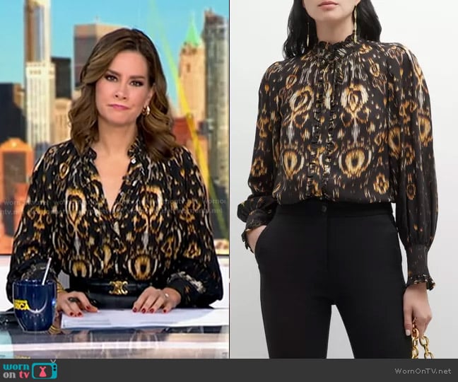 Kobi Halperin Ikat-Print Blouse in Black Multi worn by Rebecca Jarvis on Good Morning America