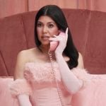 Kourtney’s pink fur trim off shoulder top on The Kardashians