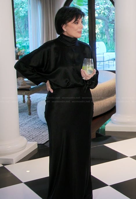 Kris's black satin blouse and skirt on The Kardashians