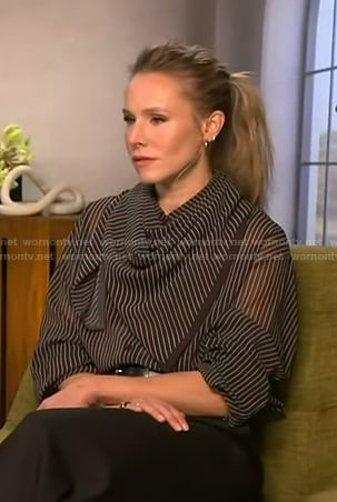 Kristen Bell’s black striped scaf shirt on Access Hollywood