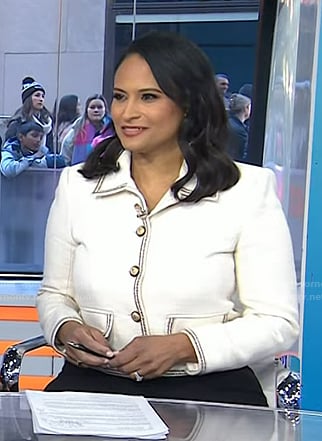 Kristen's white contrast trim jacket on Today