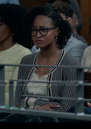 Kristin's black and beige stripe cardigan on Reasonable Doubt