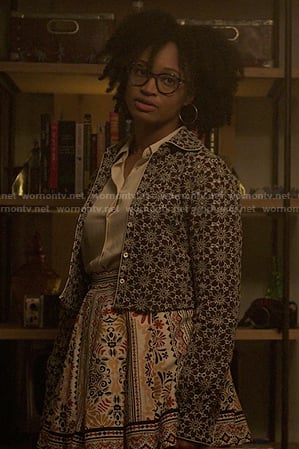 Kristin's black floral shirt jacket on Reasonable Doubt