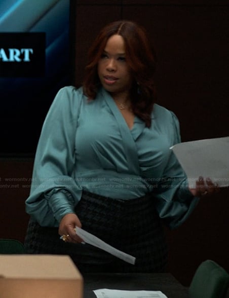 Krystal's blue wrap dress on Reasonable Doubt
