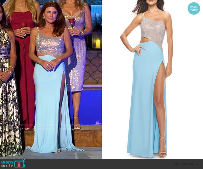 La Femme One Shoulder Dress with Side Cut Out and Rhinestone Bodice worn by Cindy Angelcyk Cullers on The Golden Bachelor