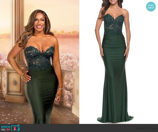La Femme Stunning Strapless Jeweled Lace and Jersey Dress worn by Tia Glover on The Real Housewives of Potomac