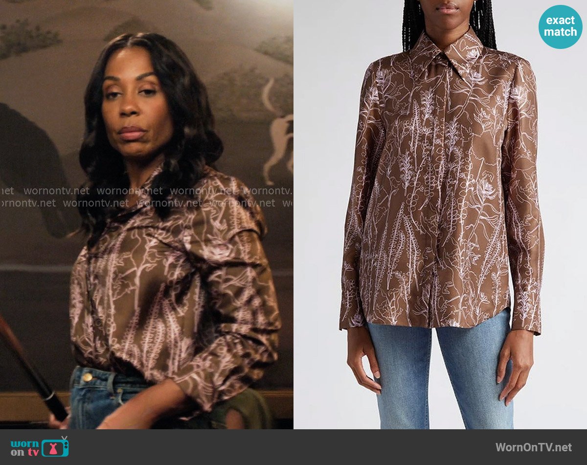Lafayette 148 New York Floral-Print Button-Down Silk Blouse worn by Mia Jordan (Karen Pittman) on The Morning Show