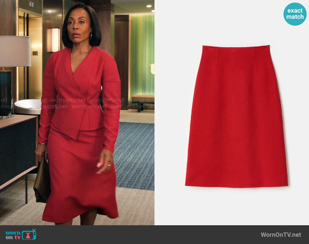 Lafayette 148 New York Organic Cotton Dobby A-Line Midi Skirt in Spark worn by Mia Jordan (Karen Pittman) on The Morning Show