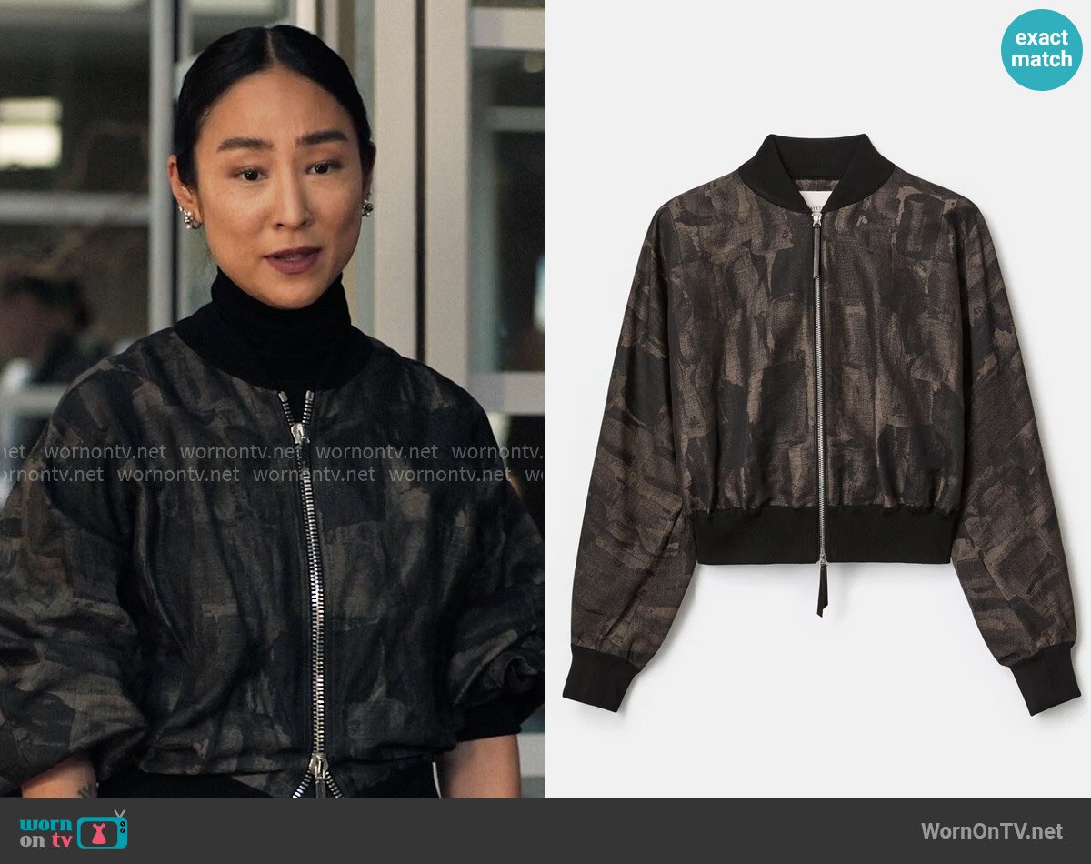 Lafayette 148 New York Paintstroke Jacquard Linen-Cotton Bomber Jacket worn by Stella Bak (Greta Lee) on The Morning Show
