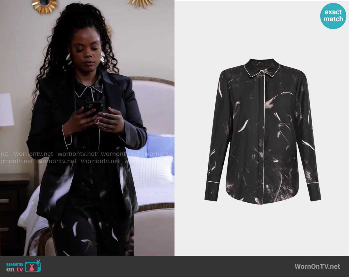 Lafayette 148 New York Scottie Piped Abstract-Print Silk Blouse worn by Sabrina Hollins (Novi Brown) on Tyler Perrys Sistas