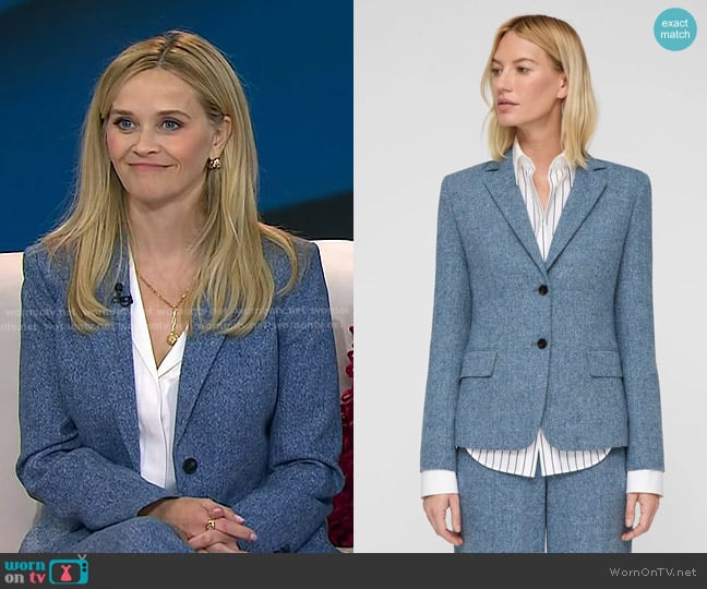 Lafayette 148 NY Donegal Tweed Button Fitted Blazer in Bluebell Multi worn by Reese Witherspoon on Today