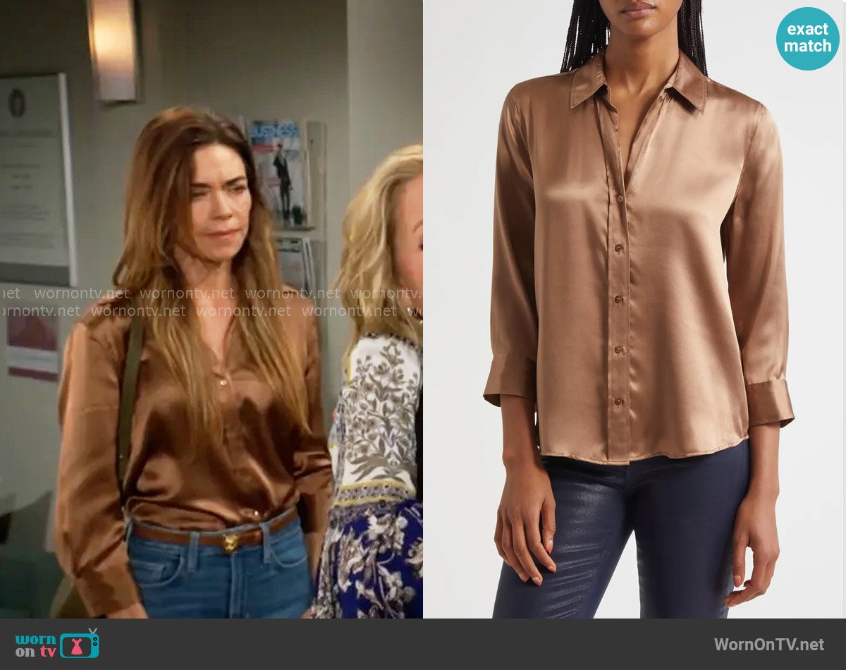 L'Agence Dani Blouse in Cinnamon Swirl worn by Victoria Newman (Amelia Heinle) on The Young and the Restless