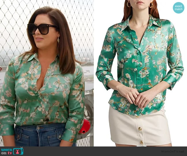 L'Agence Dani Floral Silk Button-Front Blouse worn by Emily Simpson on The Real Housewives of Orange County