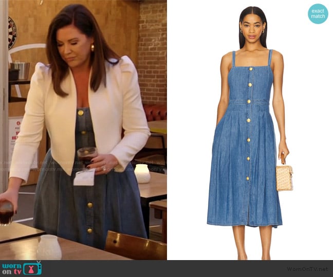 L'Agence Esmeralda Denim Pinafore Midi-Dress worn by Emily Simpson on The Real Housewives of Orange County