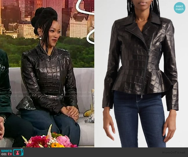 Sonequa’s leather peplum jacket on Sherri Sonequa’s leather peplum jacket on Sherri