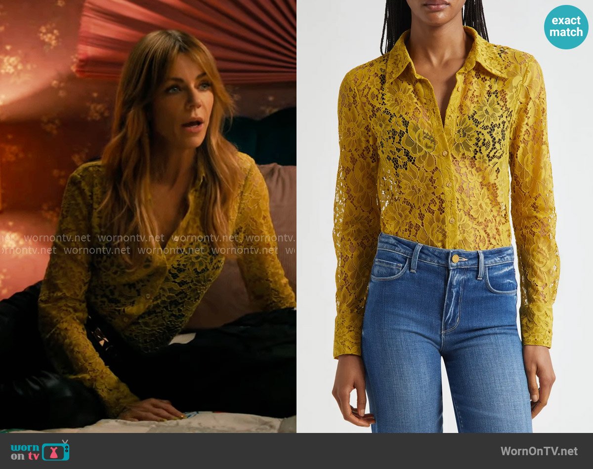 L'Agence Maia Shirt in Ceylon Yellow Lace worn by Morgan Gillory (Kaitlin Olson) on High Potential