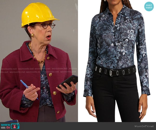 L'Agence Nina Floral Silk Shirt in Black Midnight Floral Multi worn by Rita Lesley (Maggie Carney) on Days of our Lives