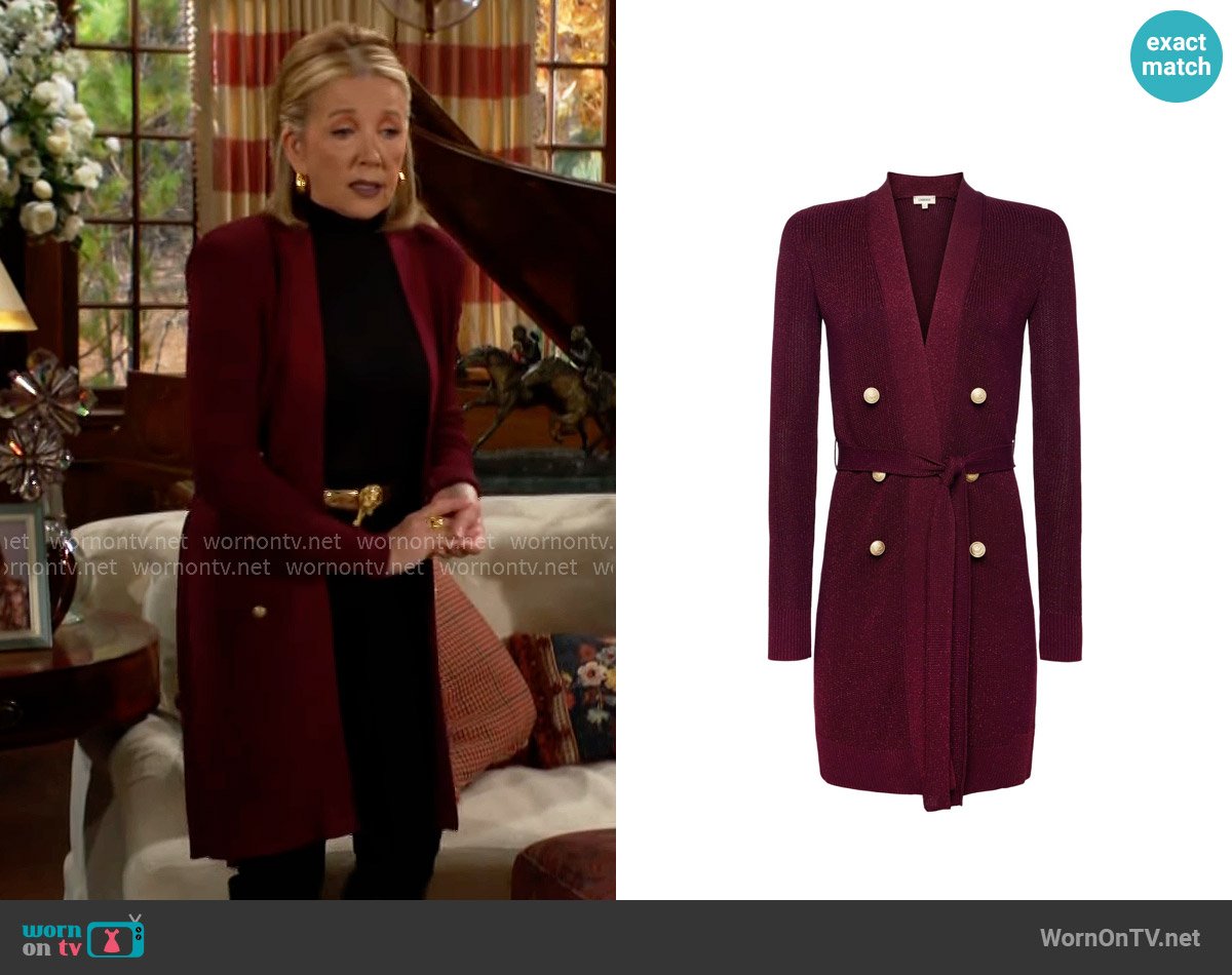 L'Agence Noe Cardigan in Dark Wine worn by Nikki Reed Newman (Melody Thomas-Scott) on The Young and the Restless