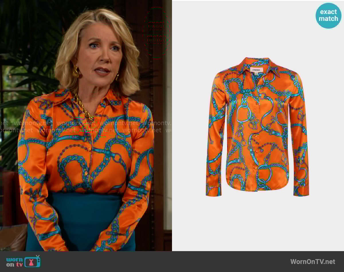 L'Agence Tyler Silk Blouse in Orange/Teal Buckle Chain worn by Nikki Reed Newman (Melody Thomas-Scott) on The Young and the Restless