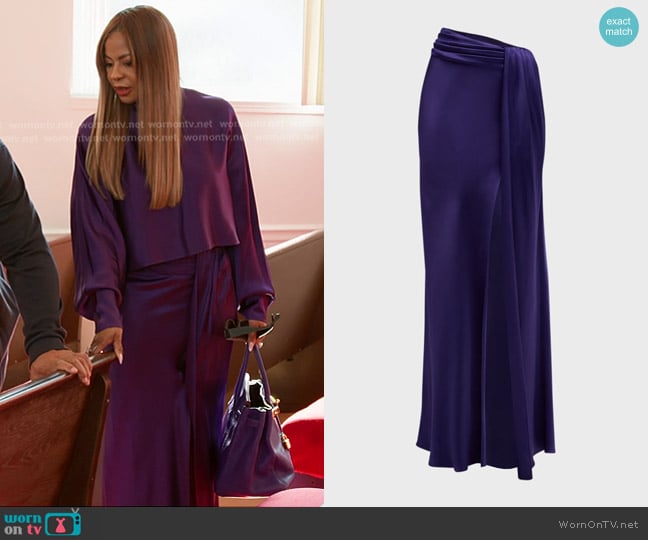 Lapointe Asymmetric-Waist Draped Slit Satin Maxi Skirt worn by Mary Cosby on The Real Housewives of Salt Lake City