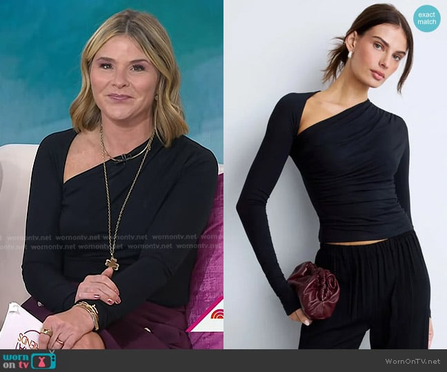 Lapointe Black Modal Jersey Asymmetrical Ruched Top worn by Jenna Bush Hager on Today