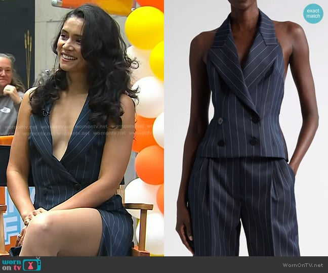 LaQuan Smith Pinstripe Tailored Halter Vest in Navy worn by Miranda Rae Mayo on Today