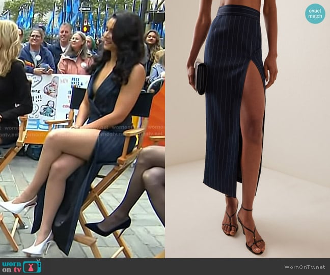 LaQuan Smith Slit-Detailed Crepe Maxi Skirt in Navy worn by Miranda Rae Mayo on Today