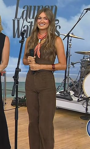 Lauren Watkins's brown corduroy vest and pants on Today