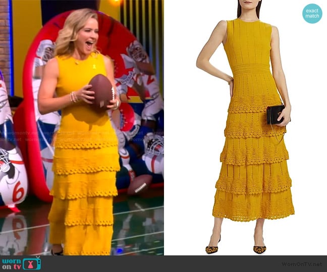 Lela Rose Crochet Ruffle Pointelle Knit Sleeveless Midi Dress in Mustard worn by Sara Haines on The View