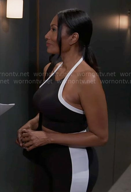 Leslie’s black and white halter top and leggings set on Beyond the Gates